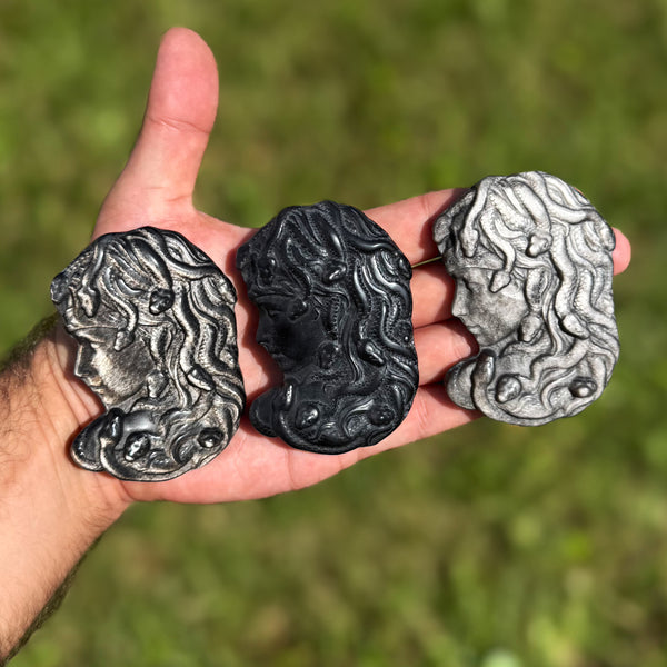 3.25" Silver Sheen Obsidian Medusa Carvings
